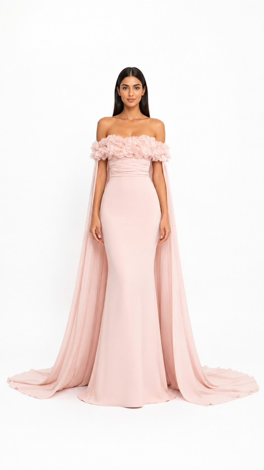 Blush Pink Floral Off-Shoulder Cape Evening Gown – ROSÉLIA