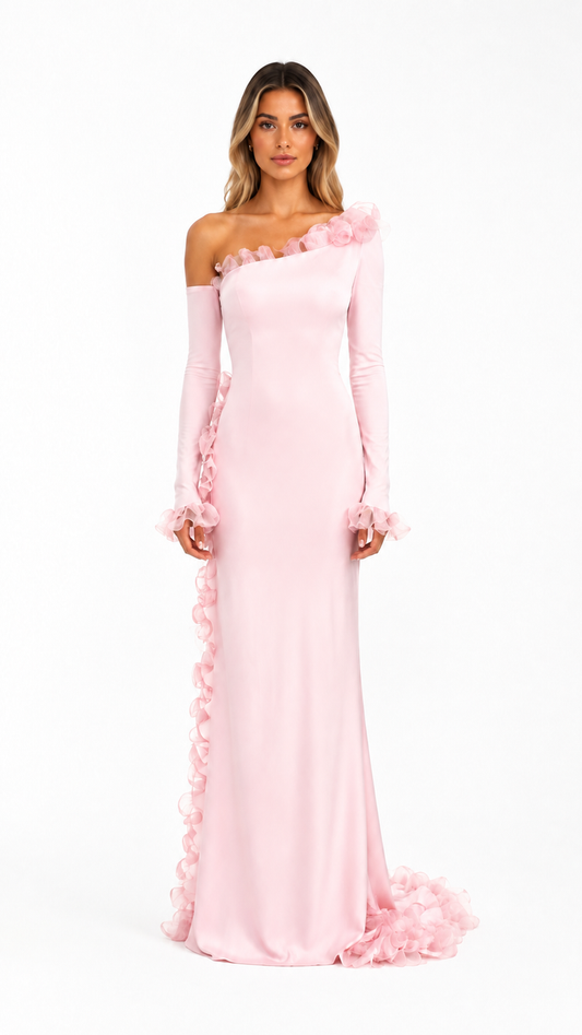 Blush Pink Ruffle Trim Evening Gown – ROSAVÉ
