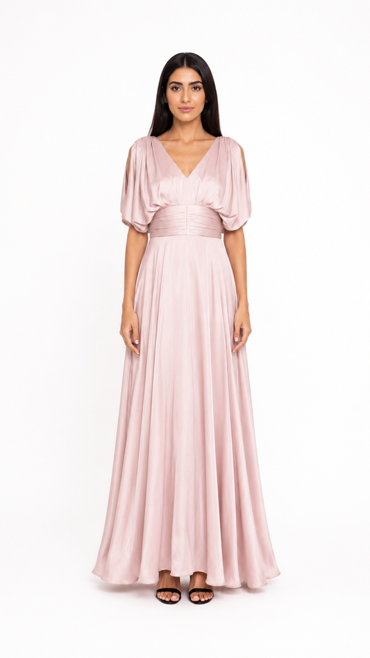 Blush Ruched Waist Flowy Evening Dress – MARELIA