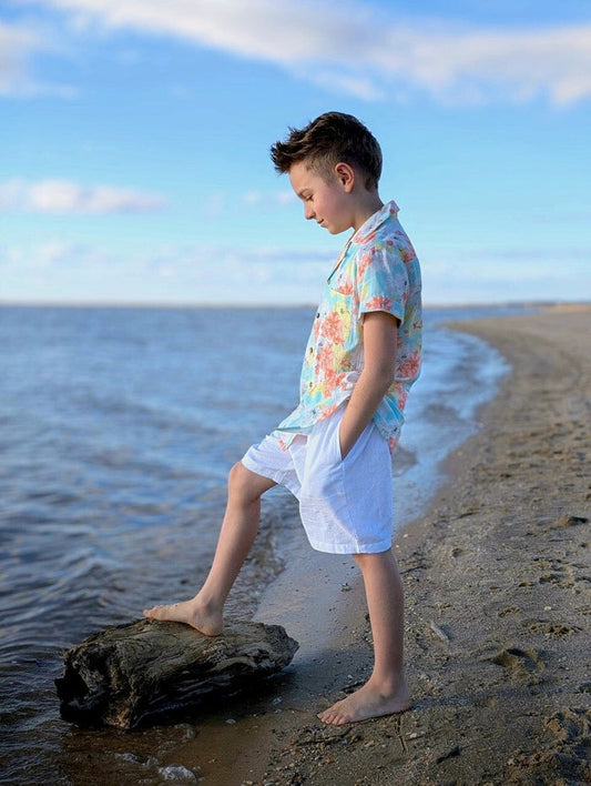 Unisex Kids' Turquoise Printed Cotton Shirt with Matching White Shorts BOYS SHIRT AND SHORTS Yo Baby India