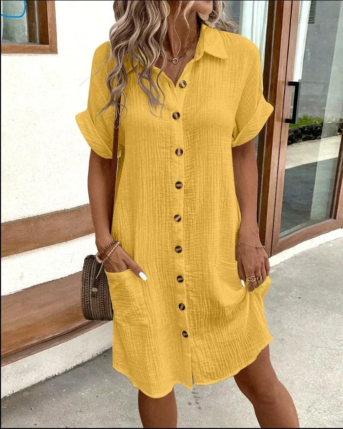 Brooke - Casual Women's Wedding Guest Mini Dress with Shirt Collar and Button Front