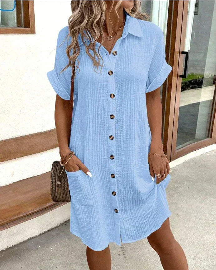 Brooke - Casual Women's Wedding Guest Mini Dress with Shirt Collar and Button Front
