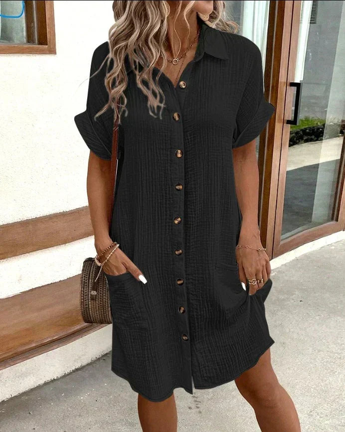 Brooke - Casual Women's Wedding Guest Mini Dress with Shirt Collar and Button Front