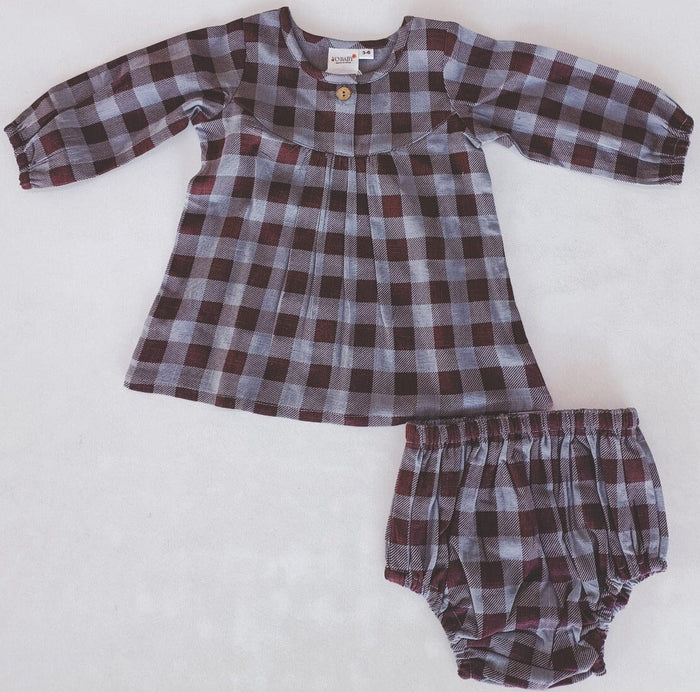 Burgundy Checkered Print Long-Sleeves Dress & Diaper Cover Set dress & diaper cover Yo Baby India