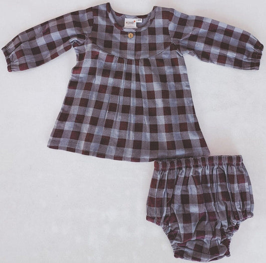 Burgundy Checkered Print Long-Sleeves Dress & Diaper Cover Set dress & diaper cover Yo Baby India