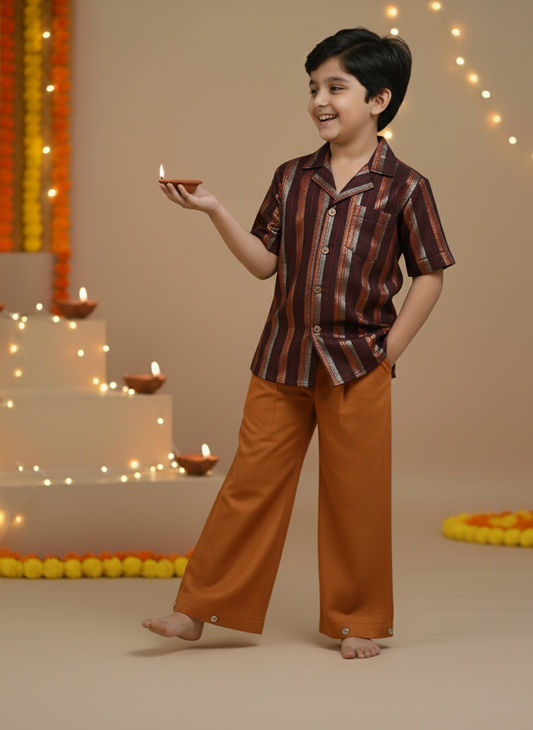 Burgundy Multi-Color Lurex Boys Shirt & Pants Set