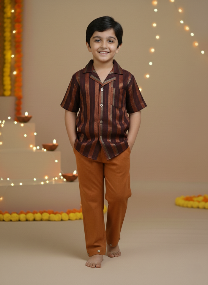 Burgundy Multi-Color Lurex Boys Shirt & Pants Set