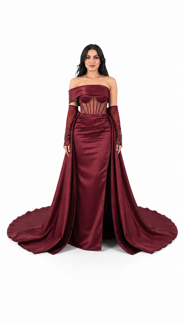Burgundy Satin Corset Embellished Evening Gown – MARVÉLLE