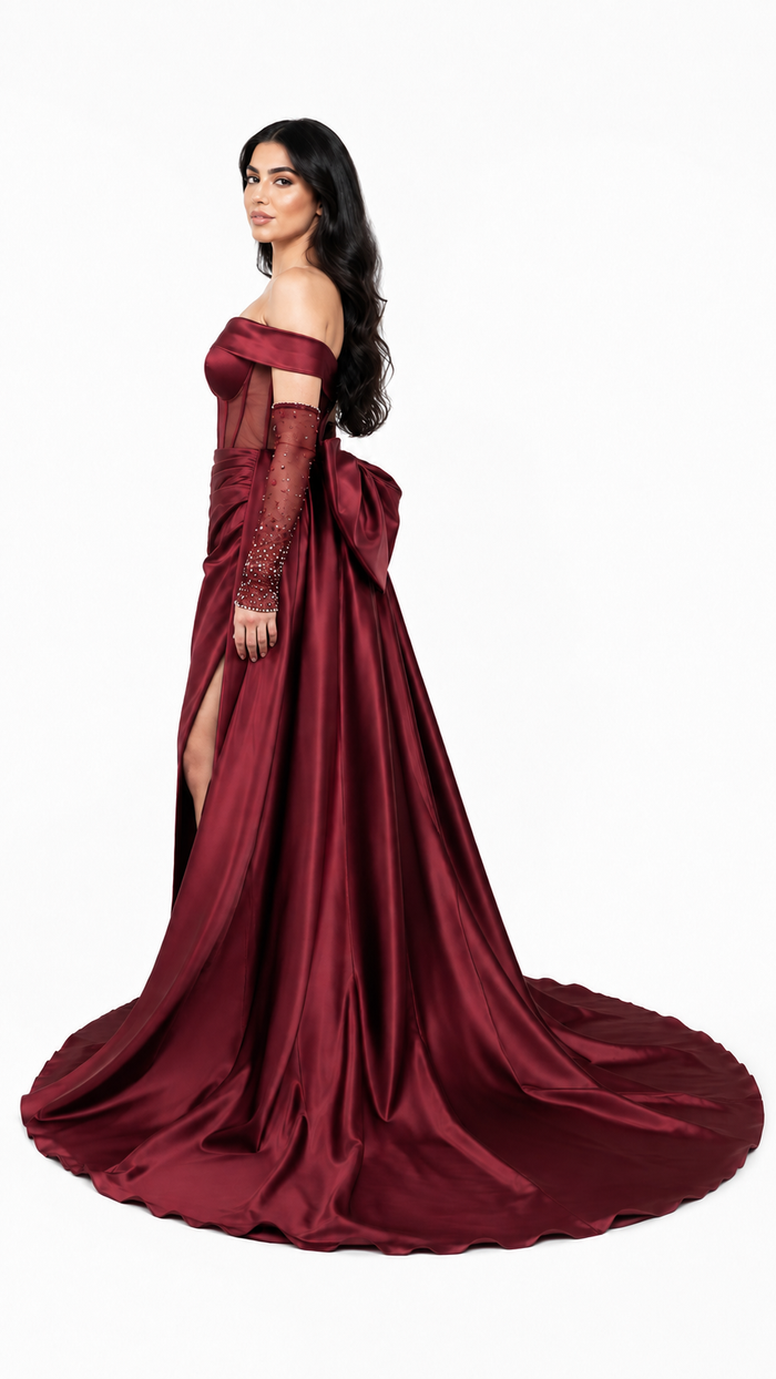 Burgundy Satin Corset Embellished Evening Gown – MARVÉLLE