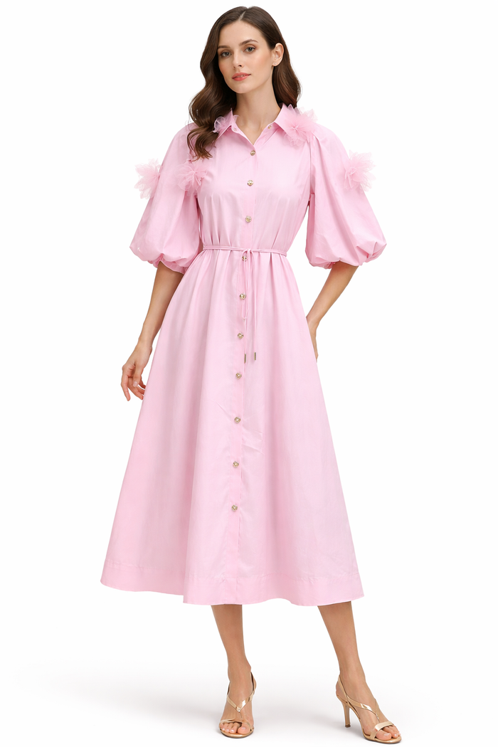 button-front midi dress with floral appliqué sleeves – AZURE