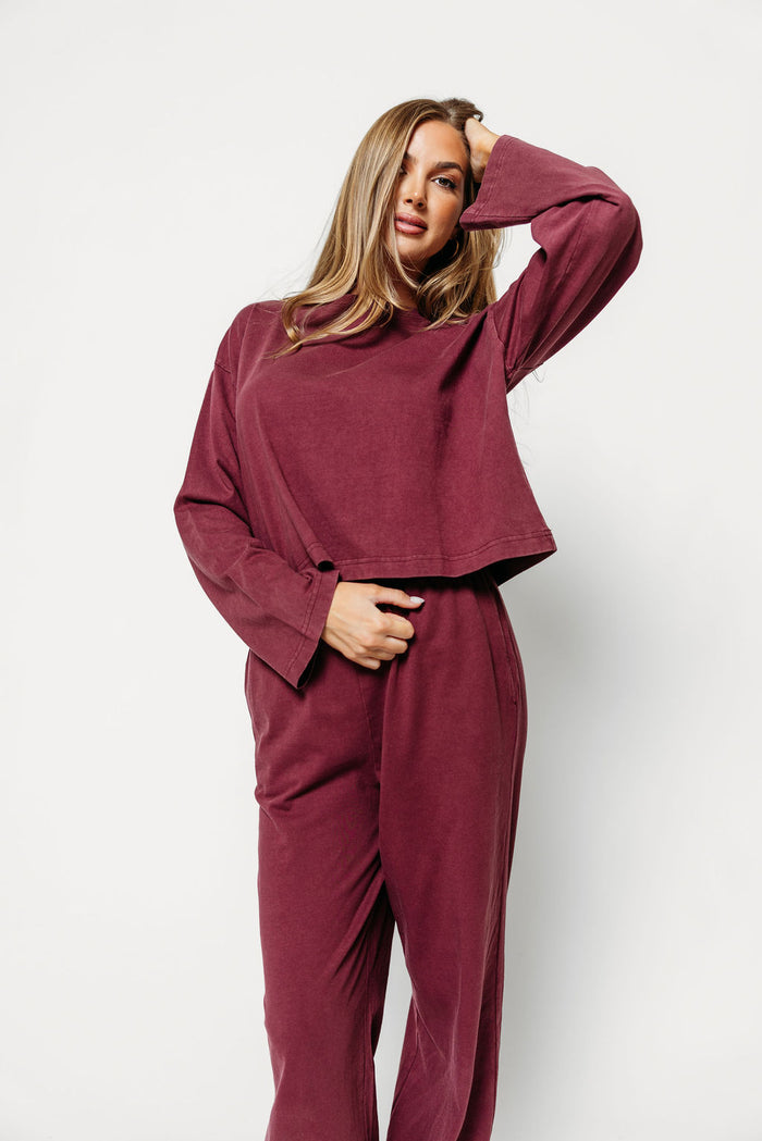 Callum 100% Mineral Washed Cotton Long Sleeve Tee in Mauve Wine
