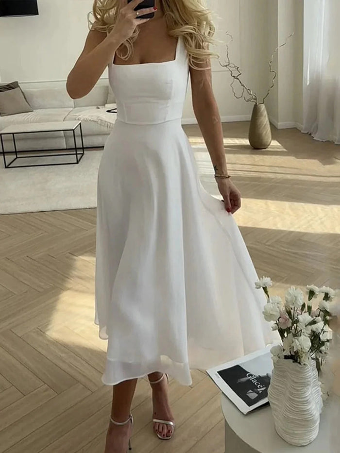 Charlotte - Elegant Women's Wedding Guest Dress with Square Neck and Flowy Midi Skirt