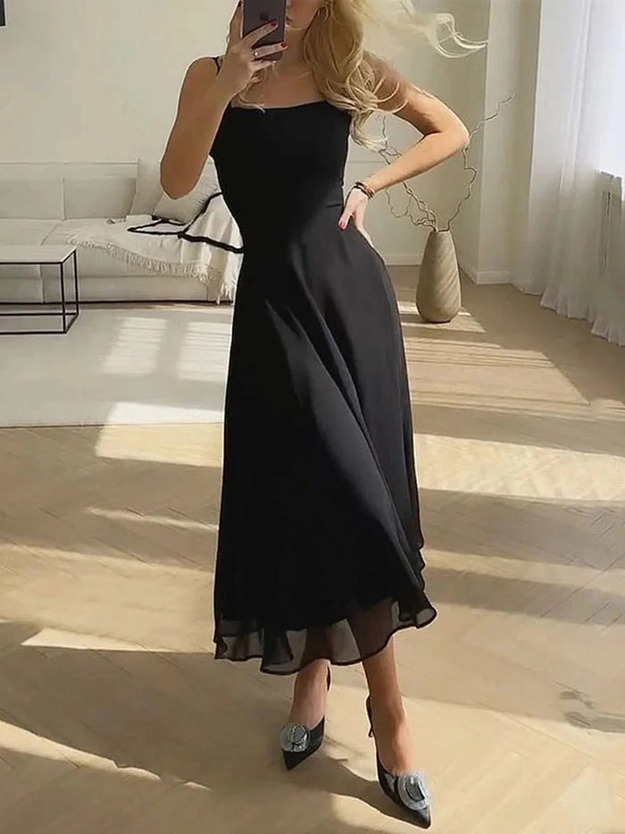 Charlotte - Elegant Women's Wedding Guest Dress with Square Neck and Flowy Midi Skirt