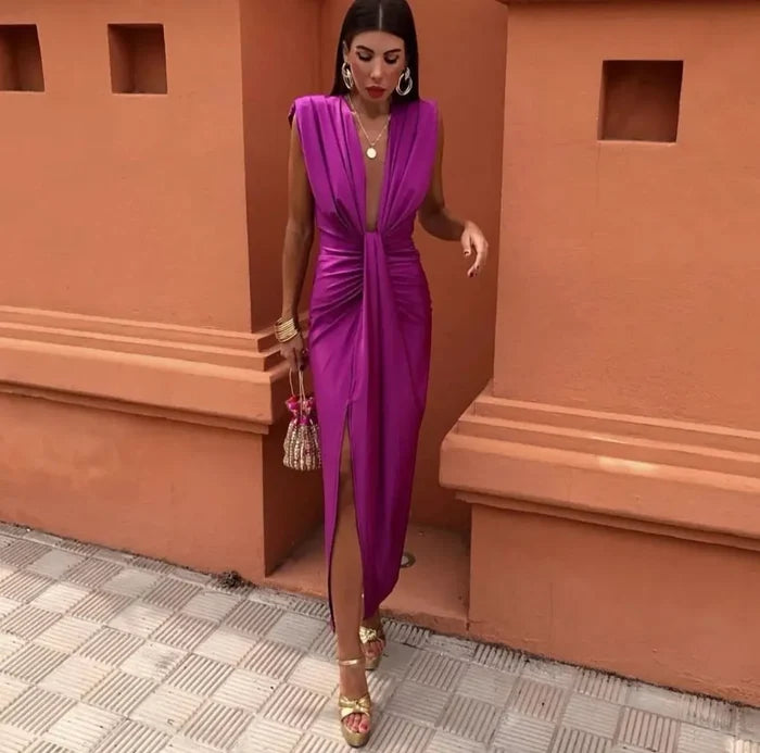 Charlotte - Formal Women's Wedding Guest Dress with Deep V Neck and Twisted Front