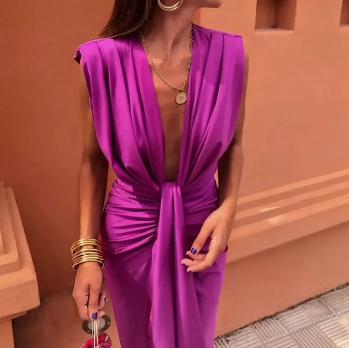 Charlotte - Formal Women's Wedding Guest Dress with Deep V Neck and Twisted Front
