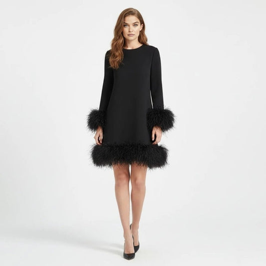 Charlotte - Women's Long Sleeve Wedding Guest Mini Dress with Feather Trim Hem