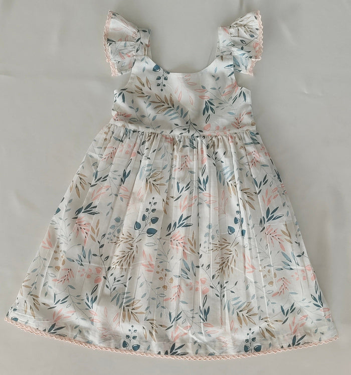 Charming Kids' White Dress with Light Pink Leaf Print and Lace Detailing DRESS Yo Baby India