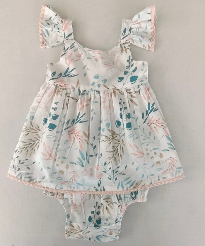 Charming Kids' White Dress with Light Pink Leaf Print and Lace Detailing DRESS Yo Baby India