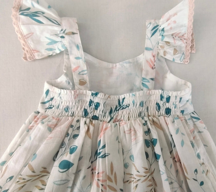 Charming Kids' White Dress with Light Pink Leaf Print and Lace Detailing DRESS Yo Baby India