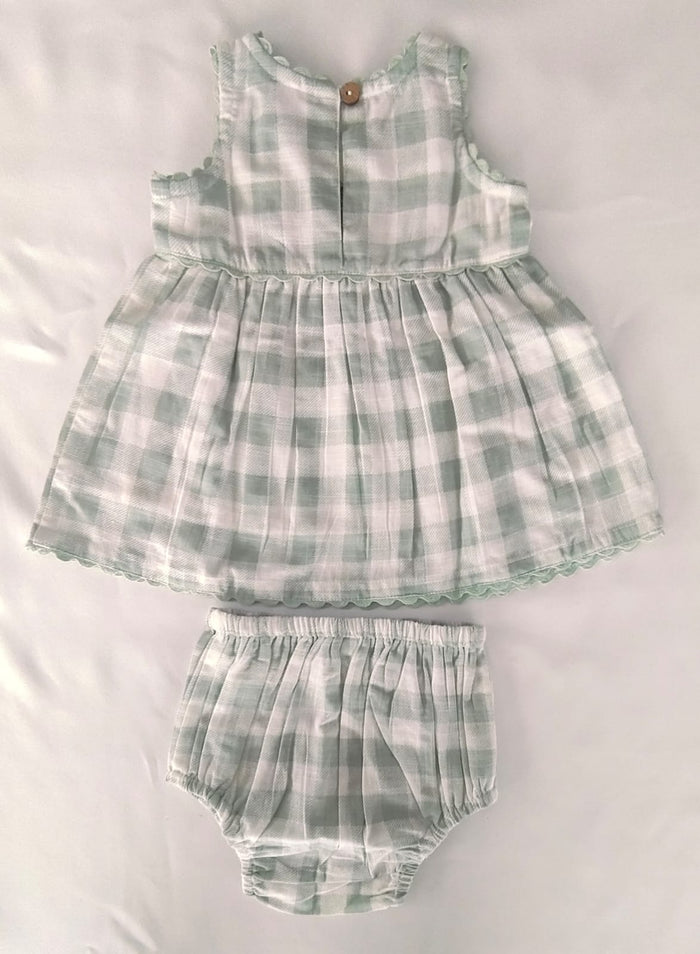 Charming Sage Checks Fit &amp; Flare Dress with Lace Finish dress & diaper cover Yo Baby India
