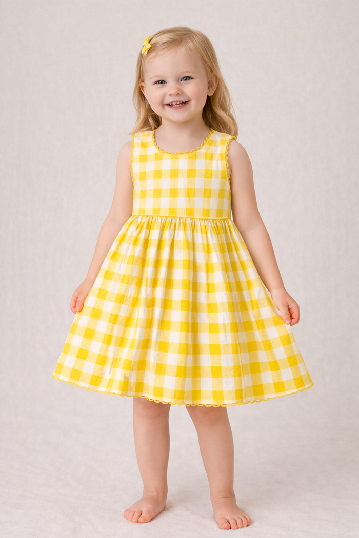 Charming Yellow Checks Fit & Flare Dress with Lace Finish