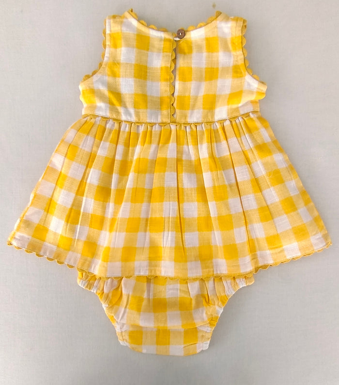 Charming Yellow Checks Fit & Flare Dress with Lace Finish
