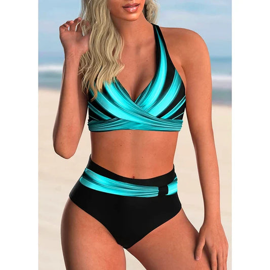 Chloe - Chic Women's Bikini Set with Cross Front V Neck and High Waist Bottom