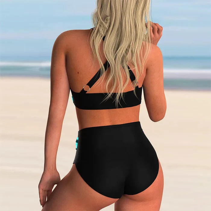 Chloe - Chic Women's Bikini Set with Cross Front V Neck and High Waist Bottom