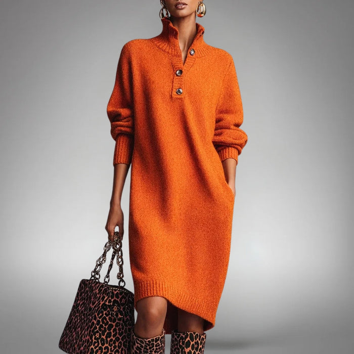 Chloe - Women's Knitted Fall Winter Midi Dress with Comfort Fit and Zip Neck