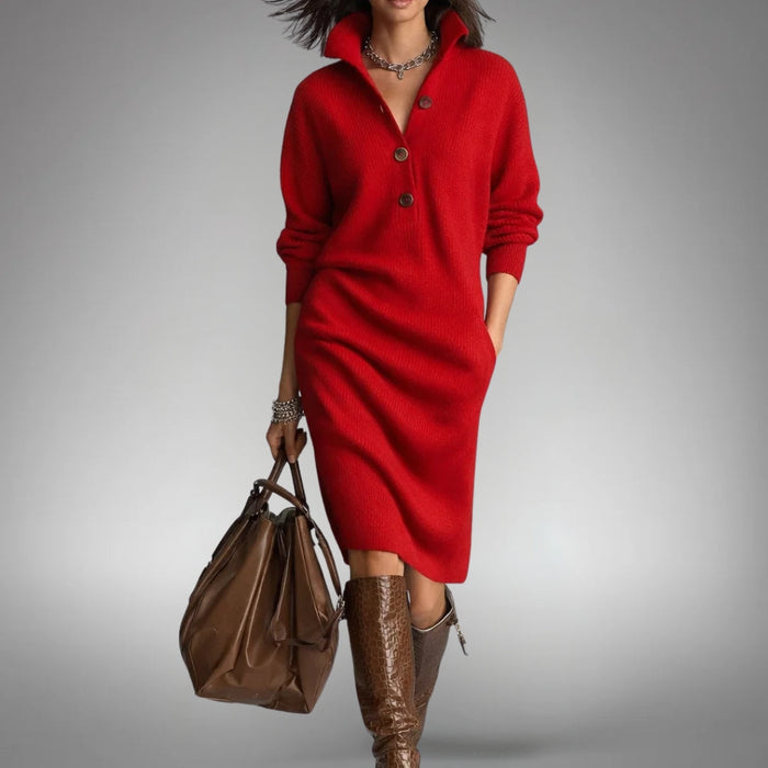 Chloe - Women's Knitted Fall Winter Midi Dress with Comfort Fit and Zip Neck