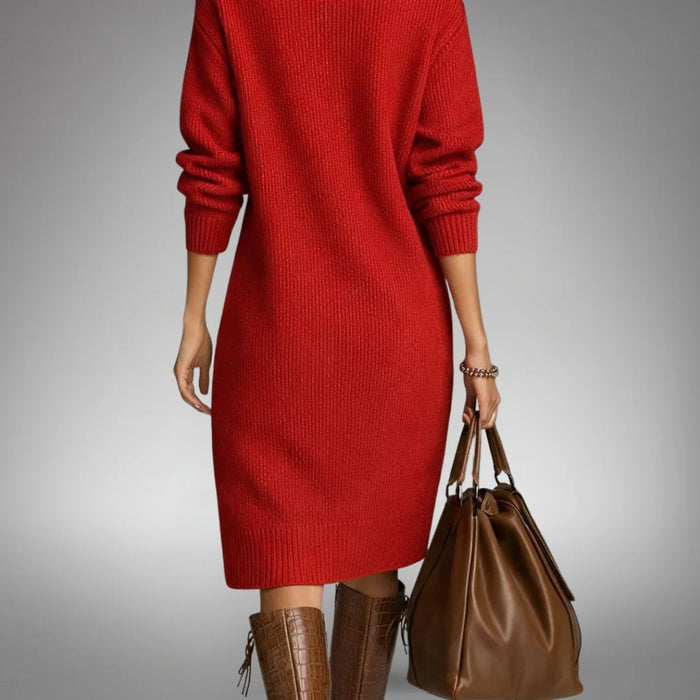 Chloe - Women's Knitted Fall Winter Midi Dress with Comfort Fit and Zip Neck