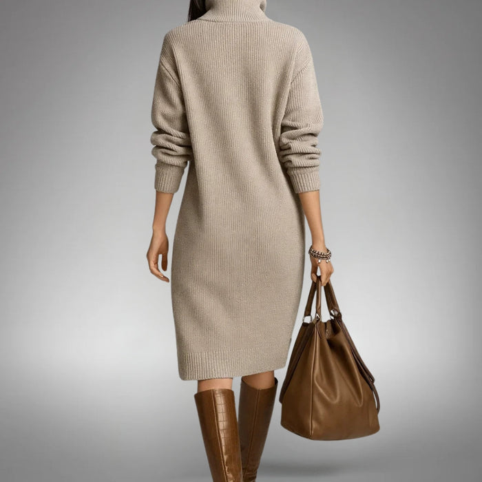 Chloe - Women's Knitted Fall Winter Midi Dress with Comfort Fit and Zip Neck