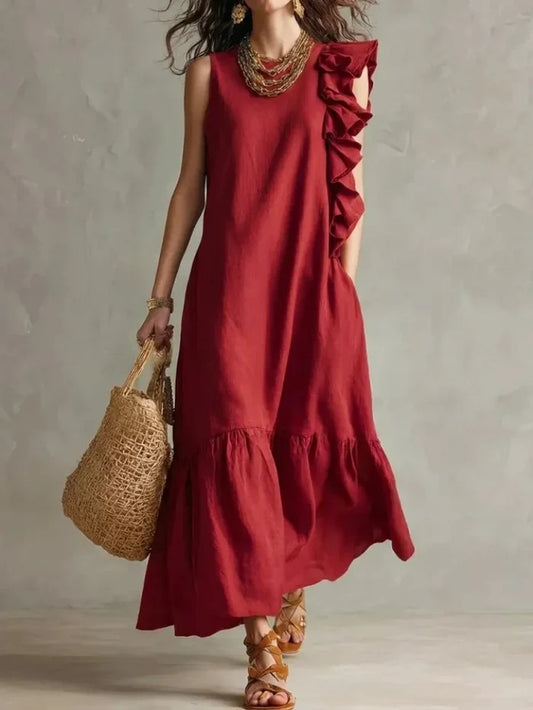 Chloe Ann - Boho Women's Maxi Dress with Ruffle Shoulder and Sleeveless Design