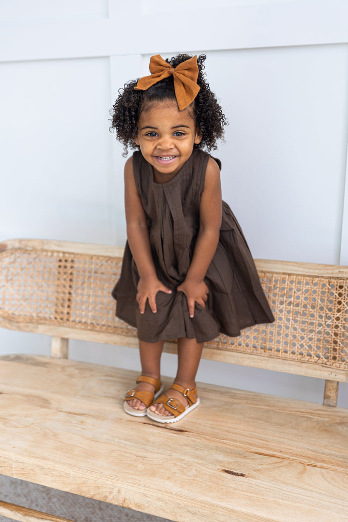 Brown Solid Color Pintuck Gathered Dress dress & diaper cover Yo Baby India