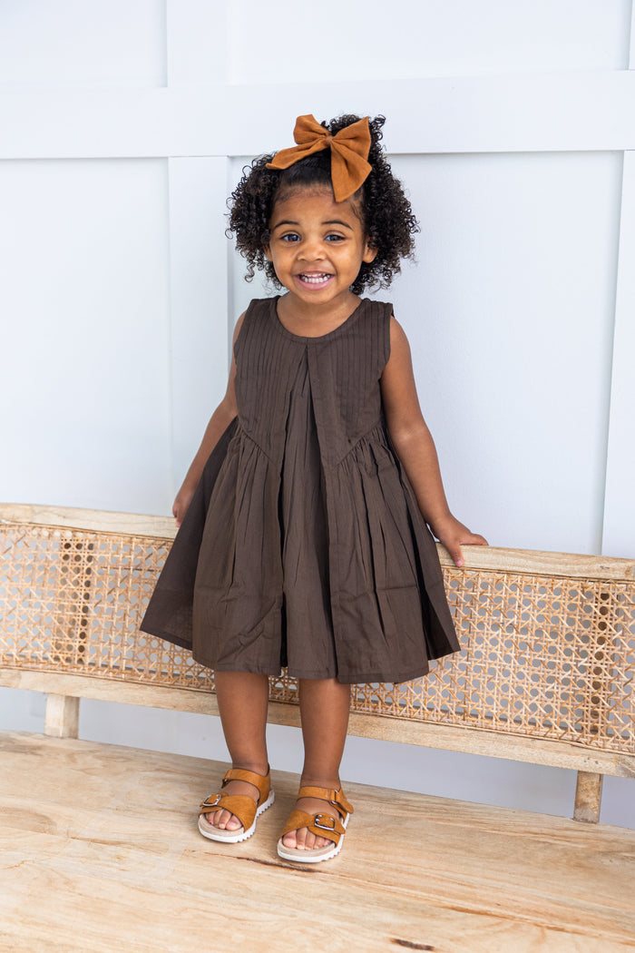Brown Solid Color Pintuck Gathered Dress dress & diaper cover Yo Baby India