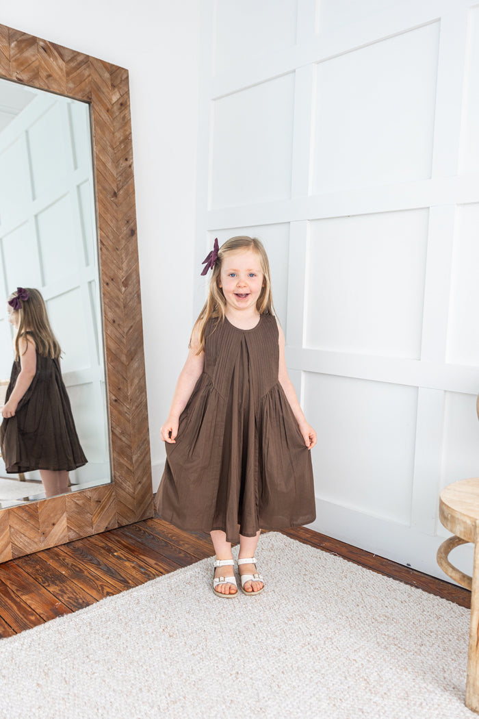 Brown Solid Color Pintuck Gathered Dress dress & diaper cover Yo Baby India