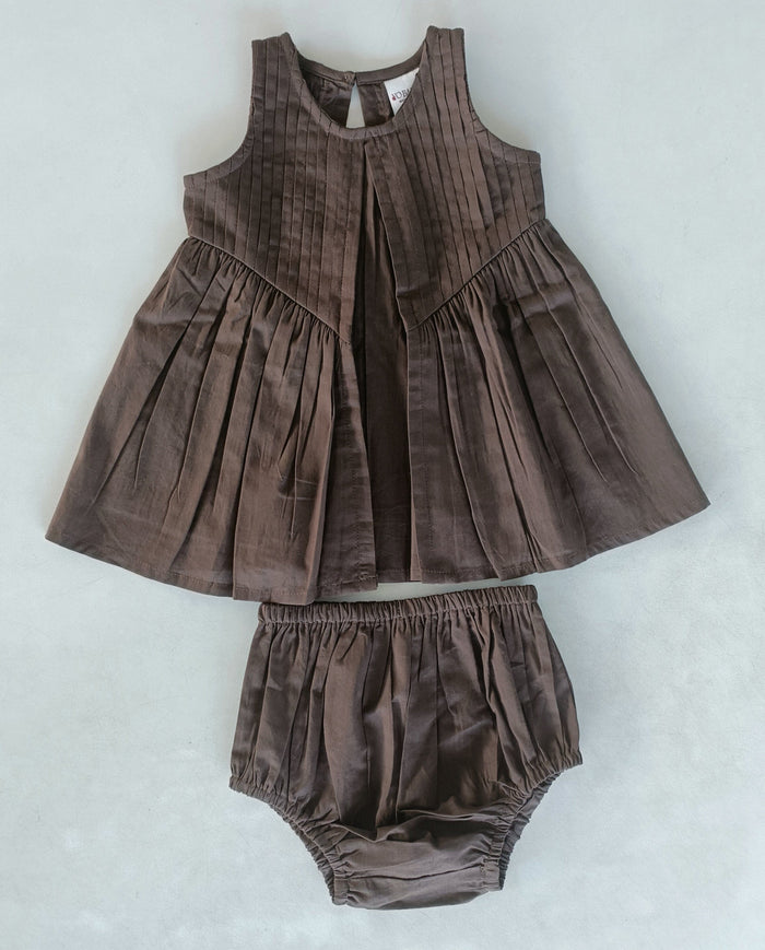 Brown Solid Color Pintuck Gathered Dress dress & diaper cover Yo Baby India