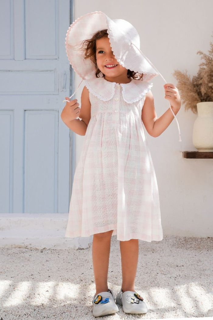 Collars Check Dress – Soft Pink | Infant, Toddler & Tween Girls Cotton Dress with Peter Pan Collar & Lace