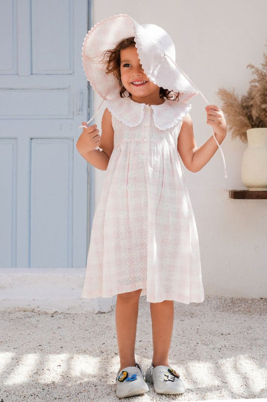 Collars Check Dress – Soft Pink | Infant, Toddler & Tween Girls Cotton Dress with Peter Pan Collar & Lace