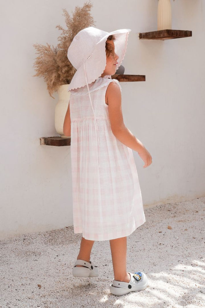 Collars Check Dress – Soft Pink | Infant, Toddler & Tween Girls Cotton Dress with Peter Pan Collar & Lace