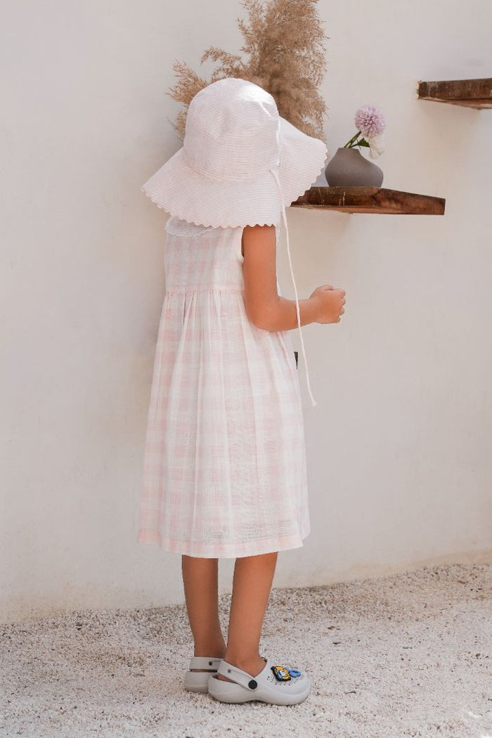 Collars Check Dress – Soft Pink | Infant, Toddler & Tween Girls Cotton Dress with Peter Pan Collar & Lace