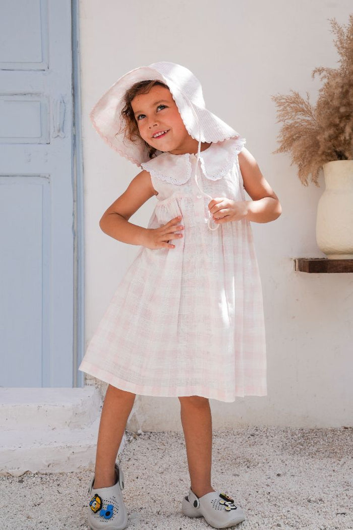 Collars Check Dress – Soft Pink | Infant, Toddler & Tween Girls Cotton Dress with Peter Pan Collar & Lace