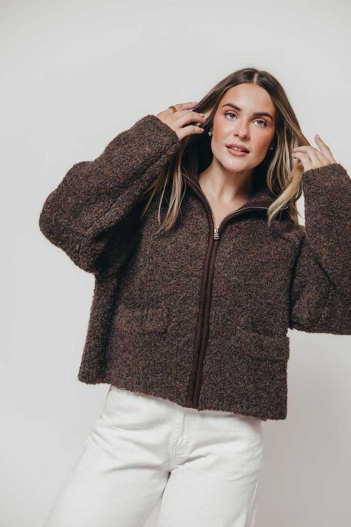 Connie Funnel Neck Fuzzy Zip-Up Jacket in Dark Chocolate
