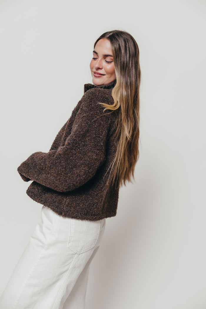 Connie Funnel Neck Fuzzy Zip-Up Jacket in Dark Chocolate