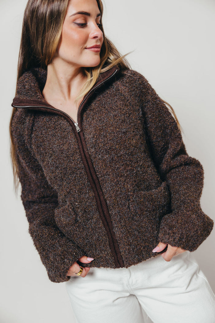 Connie Funnel Neck Fuzzy Zip-Up Jacket in Dark Chocolate