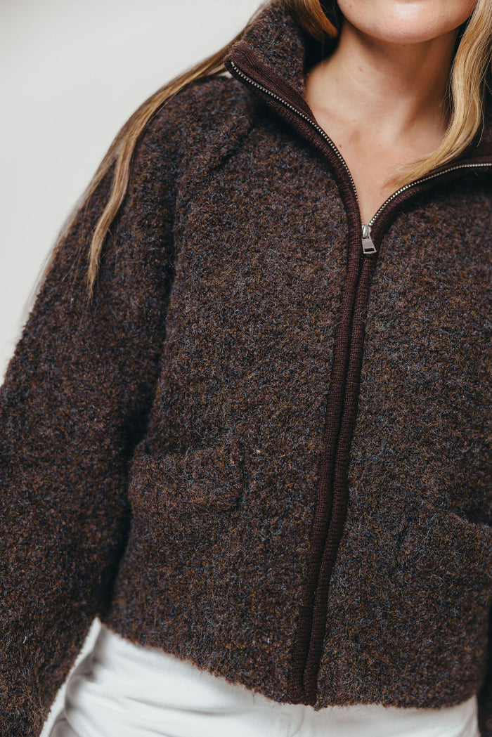 Connie Funnel Neck Fuzzy Zip-Up Jacket in Dark Chocolate