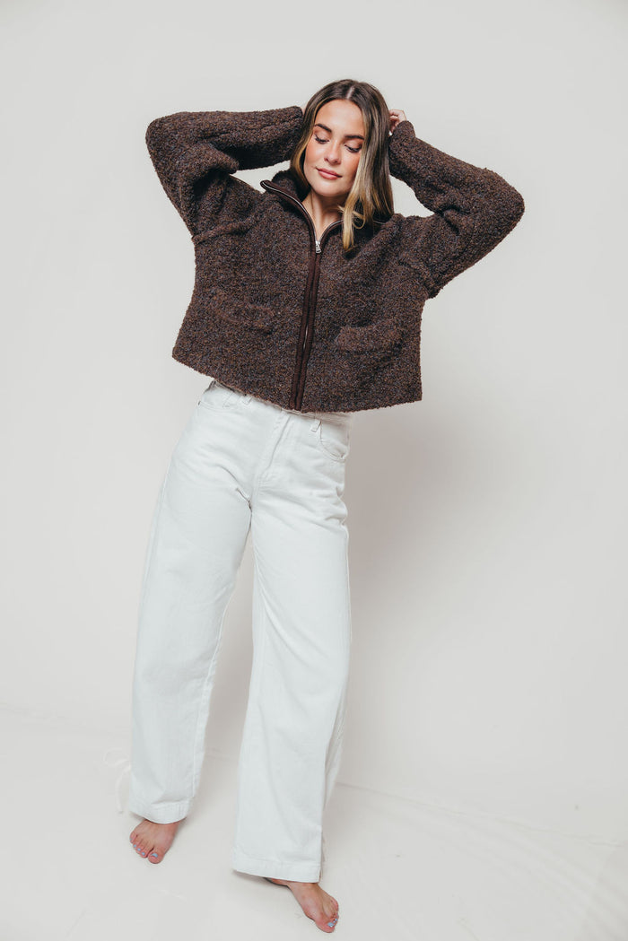Connie Funnel Neck Fuzzy Zip-Up Jacket in Dark Chocolate