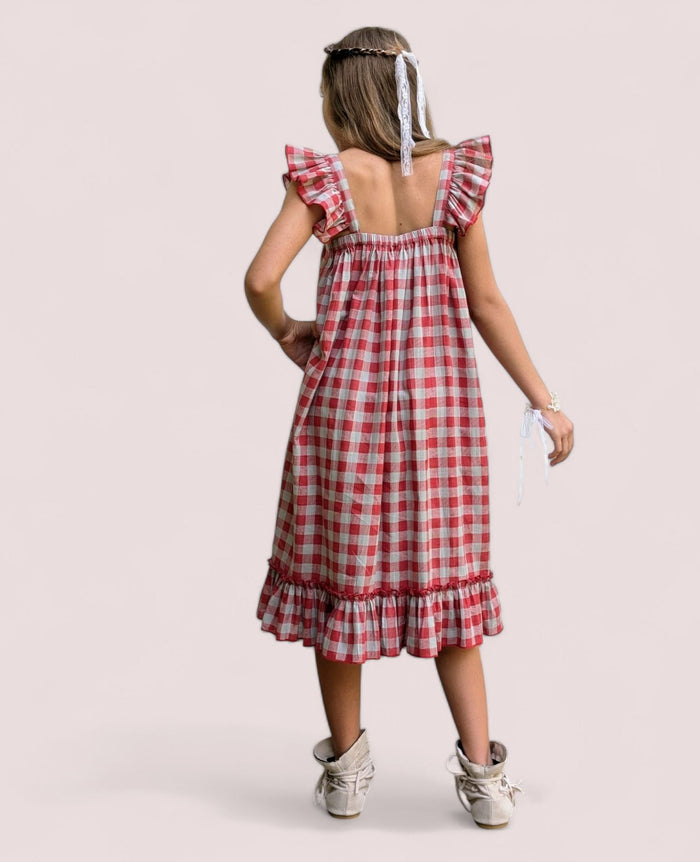 Cotton Red Checked Ruffled Sleeve Dress DRESS Yo Baby India