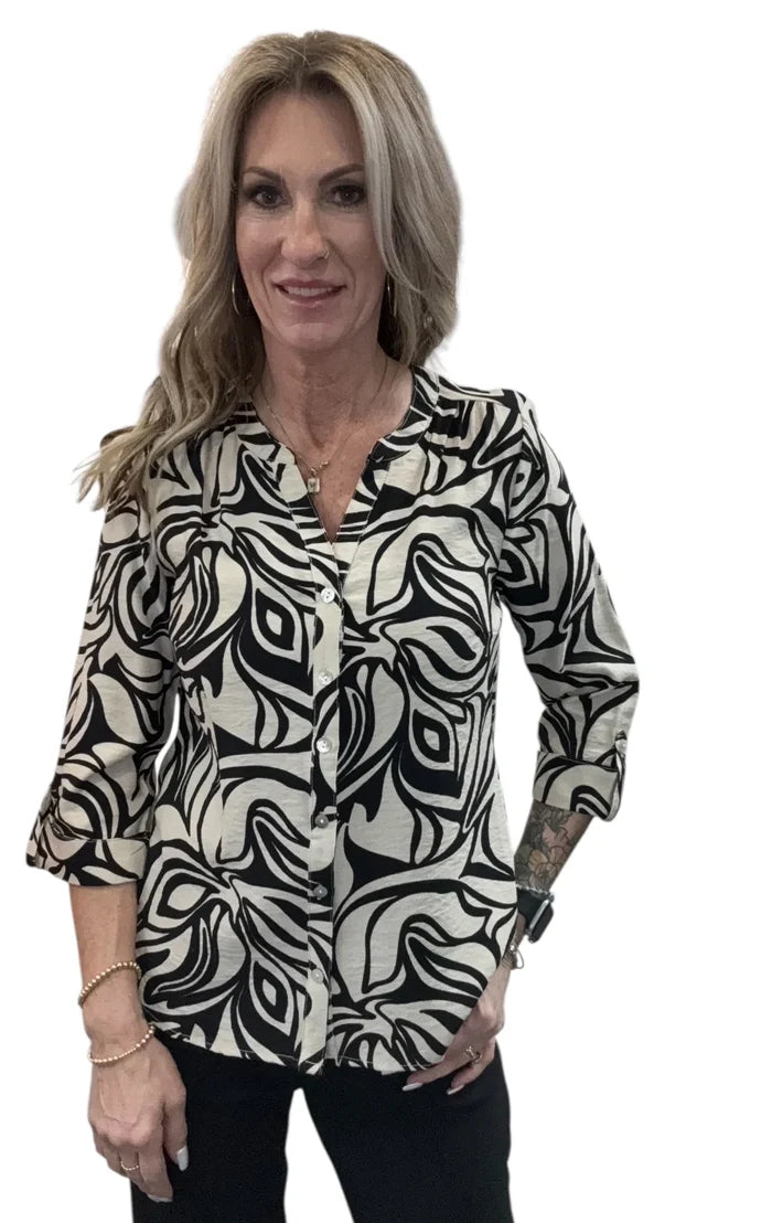 Cuff Sleeve Button Front Blouse