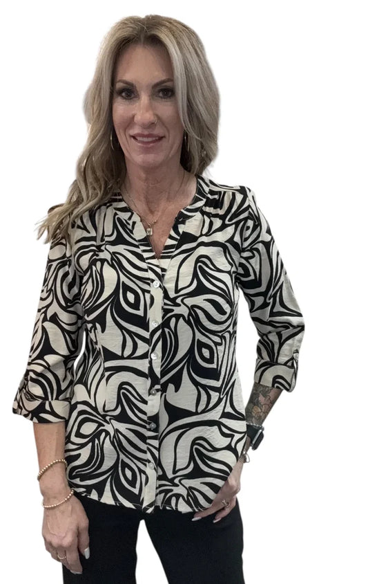 Cuff Sleeve Button Front Blouse